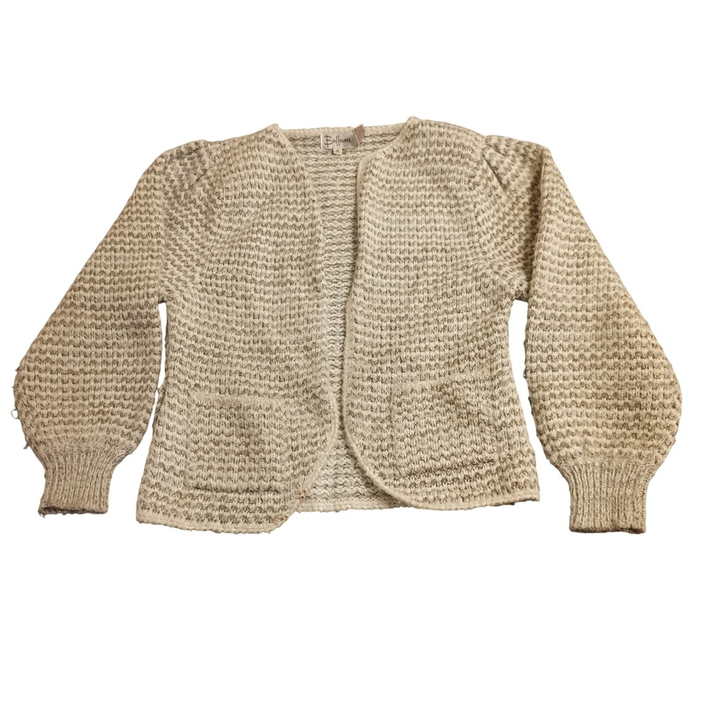 Buffums Knit Cardigan Womens Medium Cream Tan Puff Sleeve Open Front Vintage